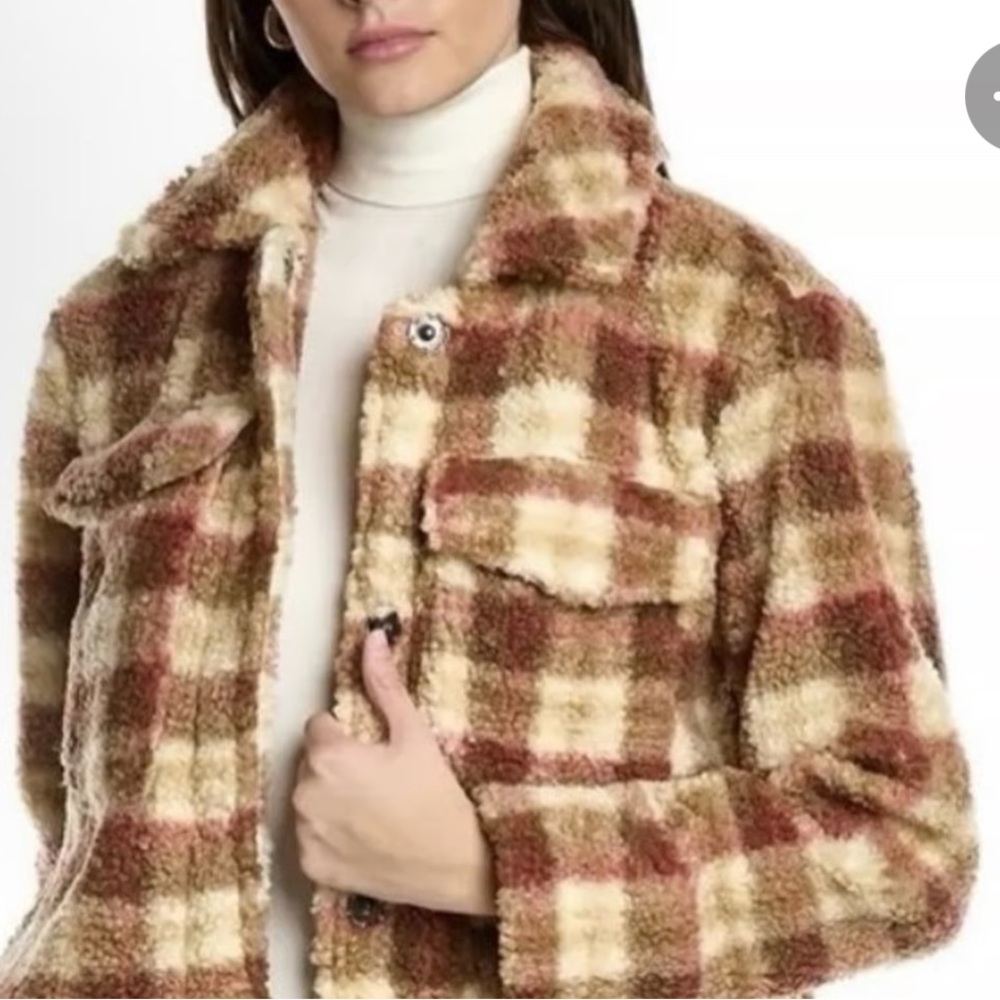 Avec Les Filles Cream and Brown Plaid Teddy Jacket - Picture 3 of 12